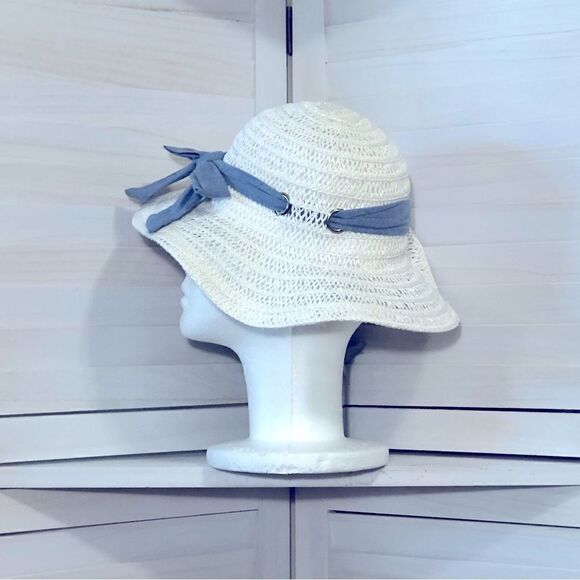 Off White Woven Wide Brim Kids Summer Hat OS - Picture 4 of 9